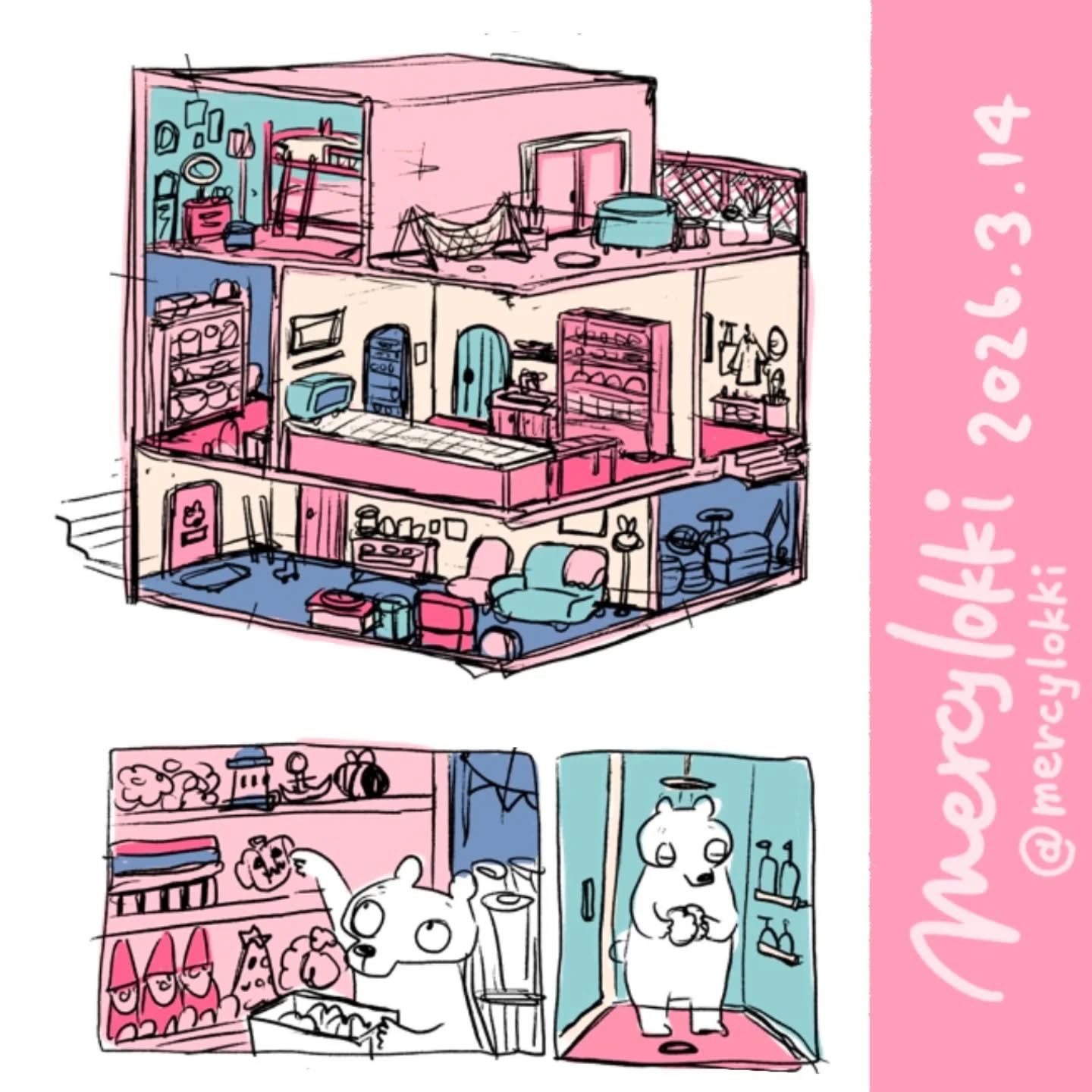 個展で出すイラスト集のラフですmercy lokkiのキャラクターたちの家の中身を描いてます️ (Instagram)