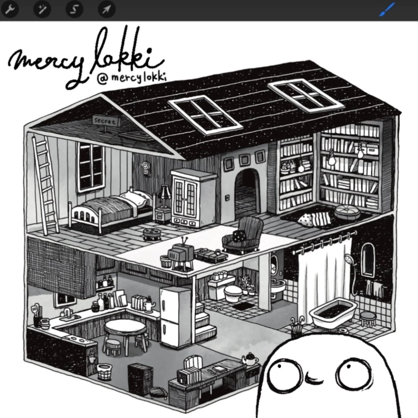 おばけが住んでいる家です#mercylokki #イラスト #モノクロ #家 #おばけ (Instagram)